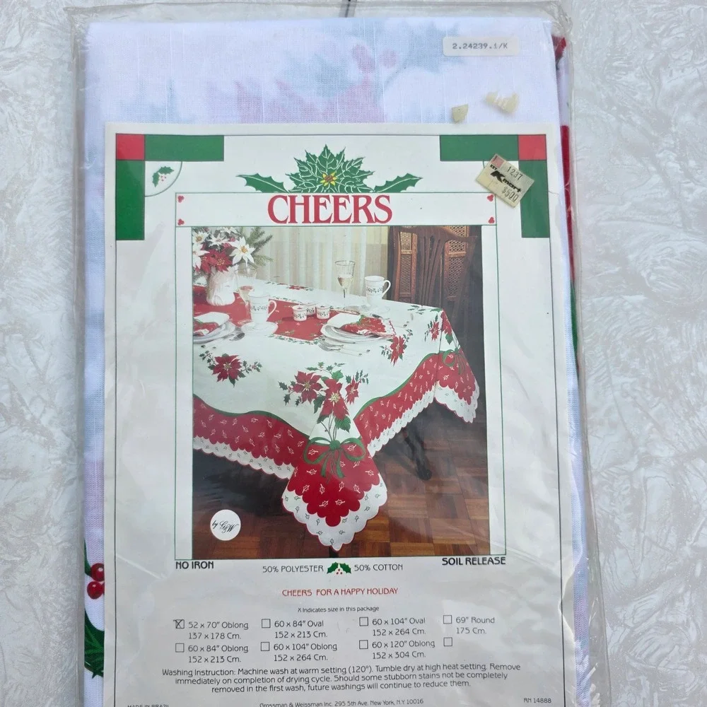 Vintage Christmas Cheer Tablecloth 52x70 Oblong White Red Poinsettia Holiday NIP